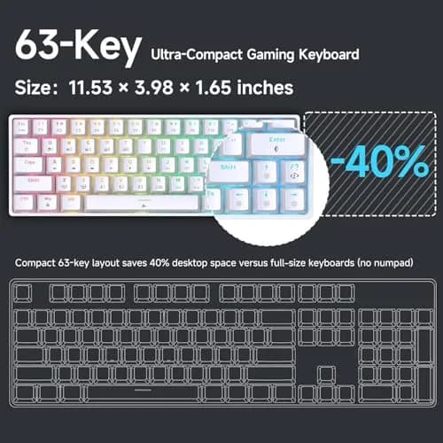 DIERYA DK63 60% Wireless Mechanical Gaming Keyboard | Bluetooth/2.4G/Wired RGB Backlit Compact 63 Keys Mini Office Keyboard | Blue Switch | for Windows PC Gamer Typist (White) thumbnail 2