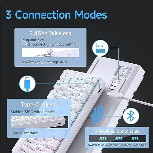 DIERYA DK63 60% Wireless Mechanical Gaming Keyboard | Bluetooth/2.4G/Wired RGB Backlit Compact 63 Keys Mini Office Keyboard | Blue Switch | for Windows PC Gamer Typist (White) thumbnail 3
