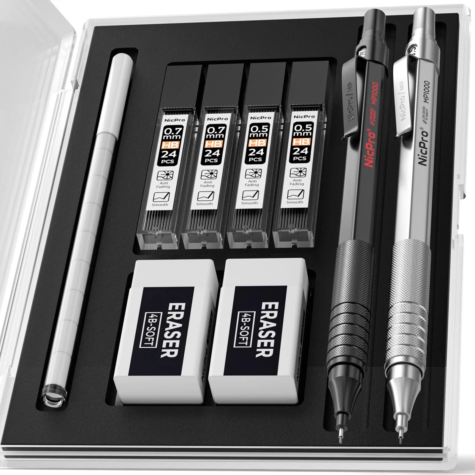 Nicpro Metal Mechanical Pencil Set 0.5 mm & 0.7 mm | Durable, Refillable, Stylish for Artists & Students — Silver,Black