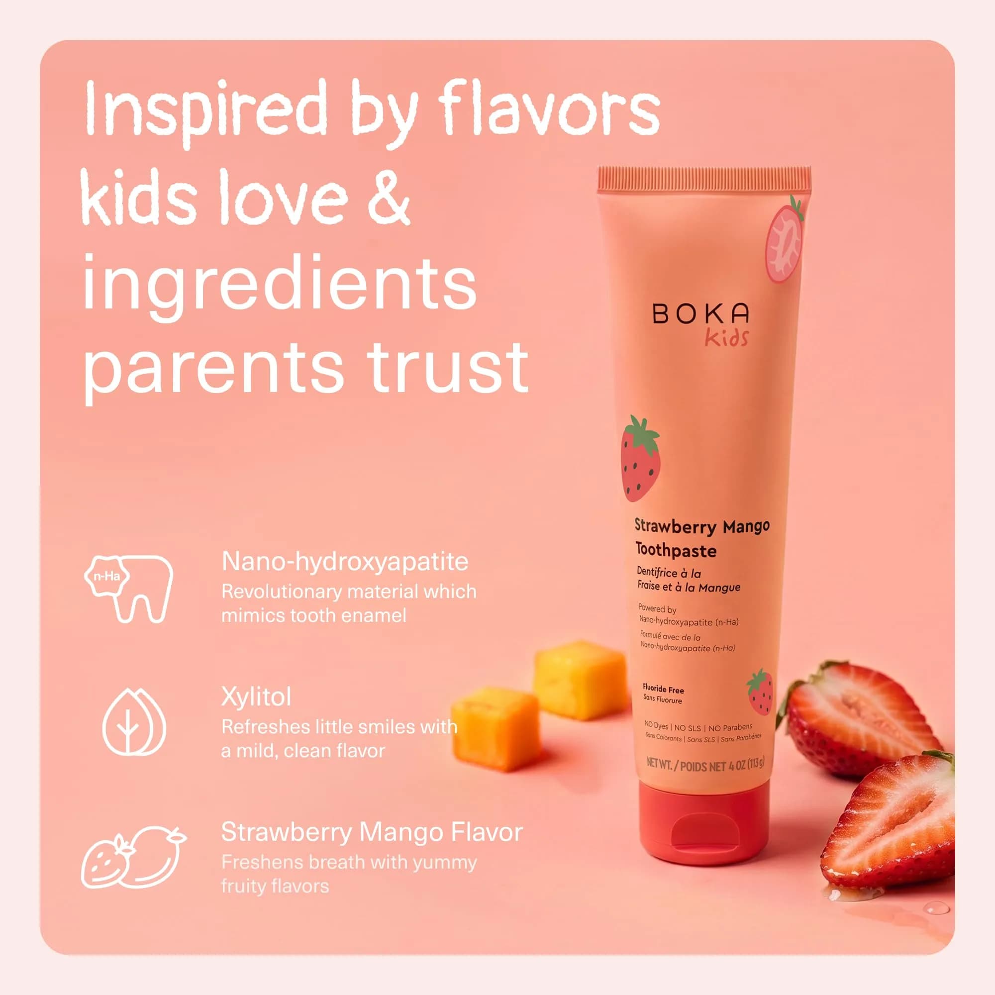 Boka Kids Toothpaste Strawberry Mango Nano Hydroxyapatite Fluoride-Free 4 oz (113 g) | Dentist Recommended for Enamel Care - view 2