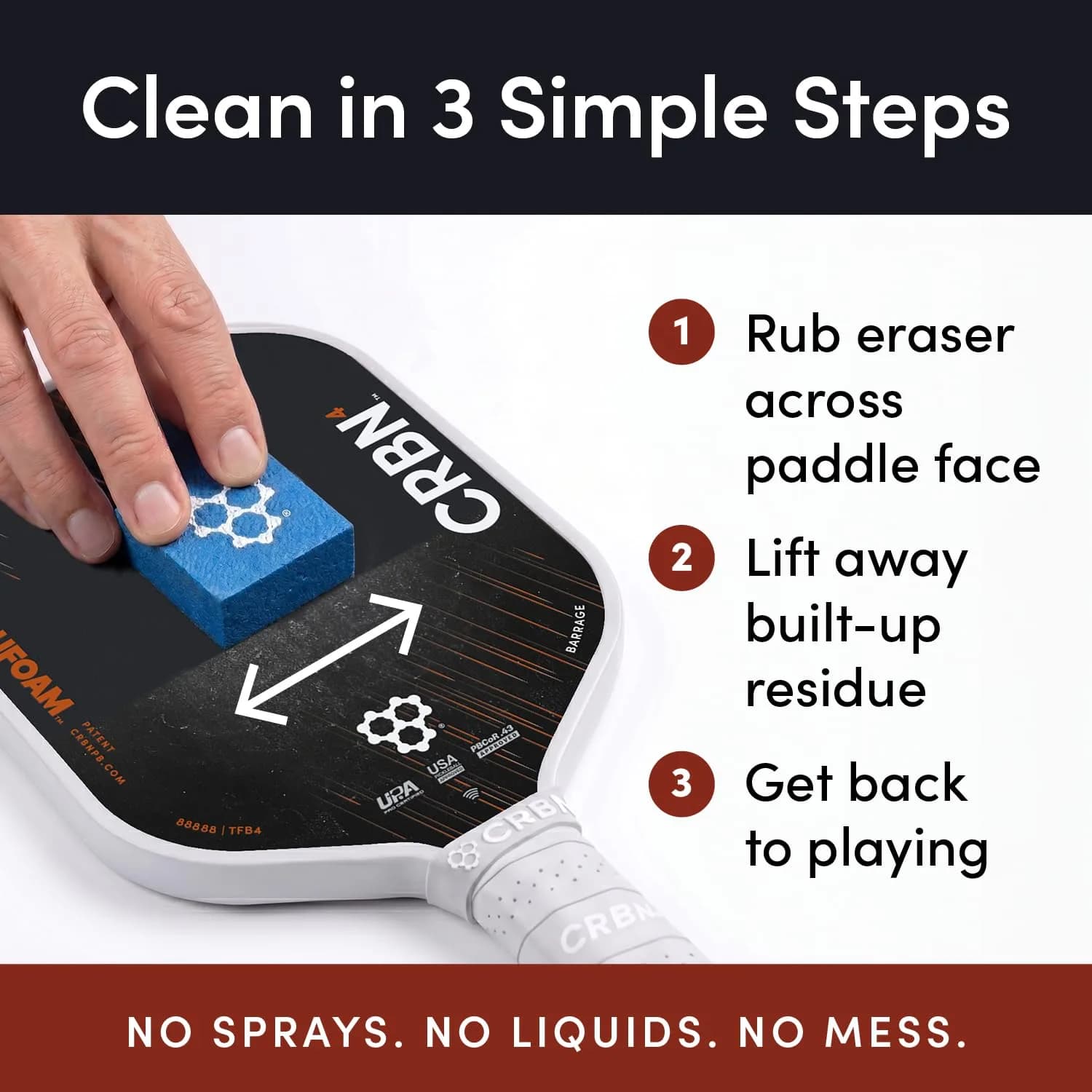 CRBN Pickleball Paddle Eraser Red | Cleans Carbon Fiber Faces - view 6