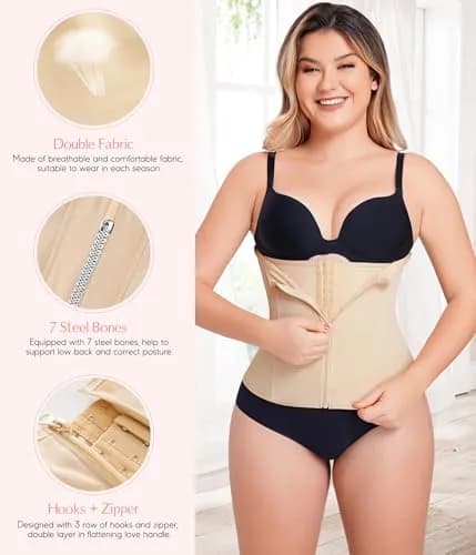 MERYOSZ Waist Trainer Corset Zipper Tummy Control Shapewear for Women, Beige XL | Breathable Body Shaper with Steel Bones thumbnail 2