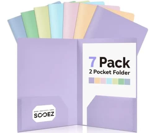 Sooez 7-Pack Plastic Folders with Pockets, Pastel Colors, 2-Pocket Folder Bulk, 29.59 cm x 24.61 cm (11.65"L x 9.45"W) | Acid-Free, Tear-Resistant, Heavy Duty thumbnail 1