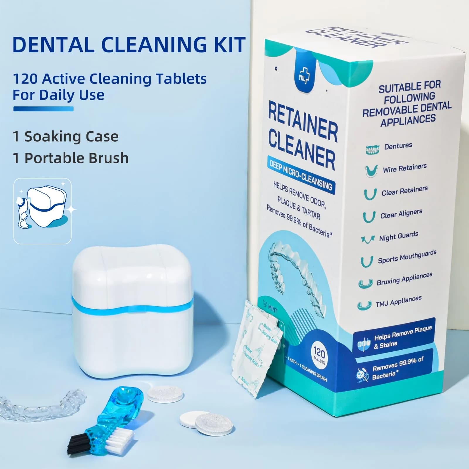 YKL Retainer & Denture Cleaner Kit with 120 Tablets & Guard Bath Cup | 10.38cm L x 9.09cm W x 23.79cm H - view 4