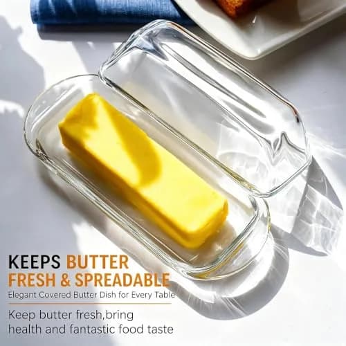 QFkris Clear Glass Butter Dish with Lid for Countertop | 18.5cm (7.3") Rectangular Crystal Butter Keeper thumbnail 2