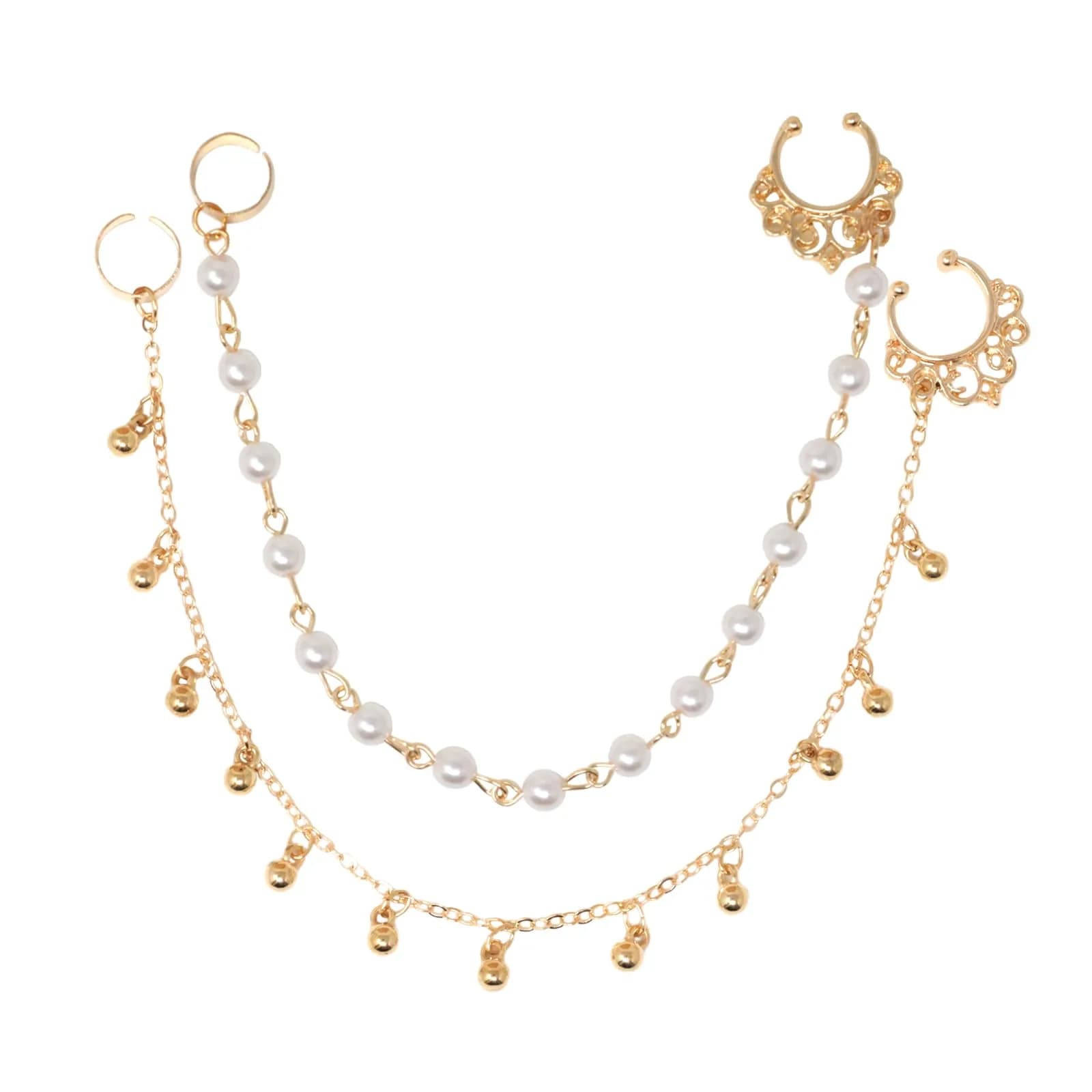 Honbay 2PCS Nose Ring Chain Set | Non-Piercing Nose & Ear Jewelry for Women — gold