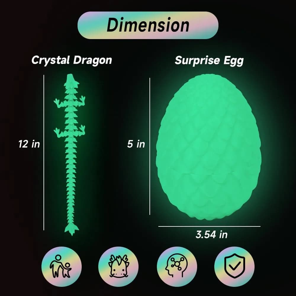 TBOLINE 3D Printed Dragon Egg with 12" Articulated Crystal Dragon Toy | Non-Toxic & BPA-Free for Kids Ages 3-12 - view 5
