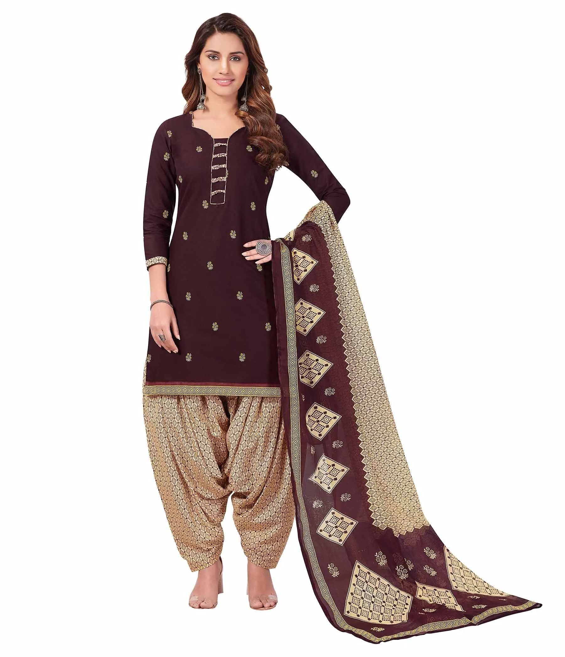 Miraan Printed Cotton Salwar Suit Set for Women - Brown, Medium | 100% Pure Cotton Fabric - main product image