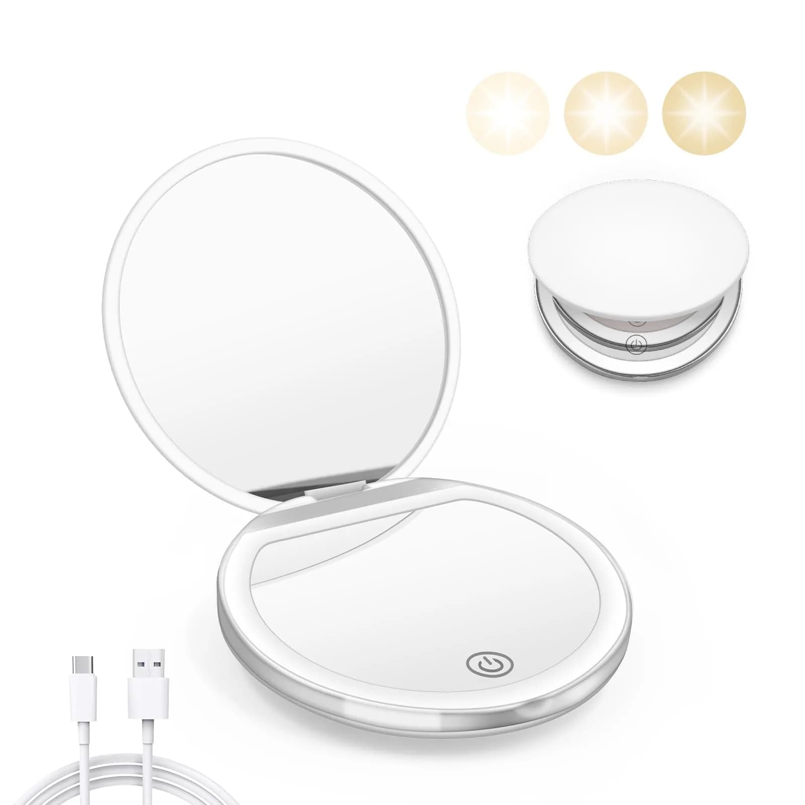 Kakuje White Compact Mirror with Light, 1X/3X Magnification LED Pocket Mirror 7.9cm (3.1") | Illuminated for Perfect Makeup — White
