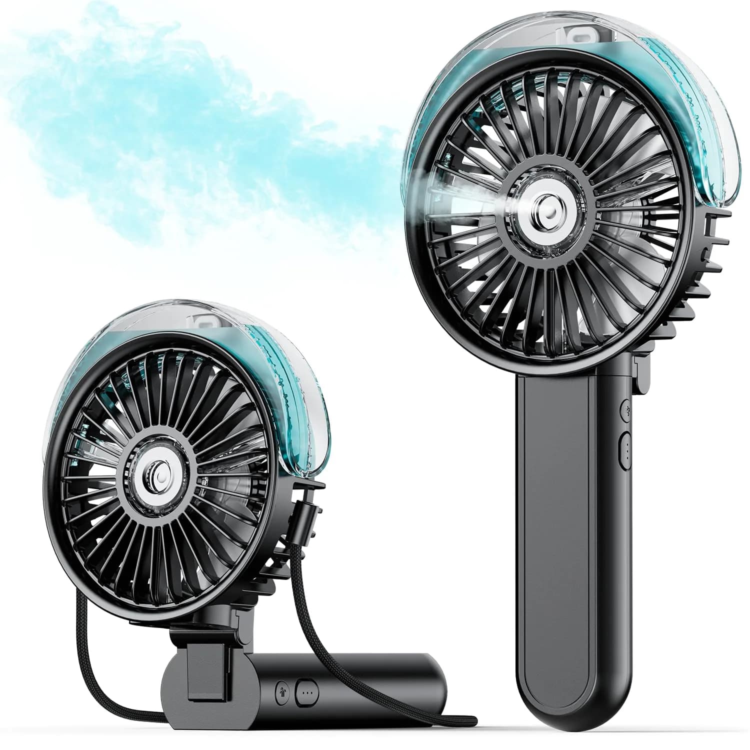 SWEETFULL Portable Misting Fan with Mist Spray, 3 Speeds, 30ml Water Tank, USB Rechargeable | 10.8 cm (4.25 in) Foldable Handheld Fan — Black