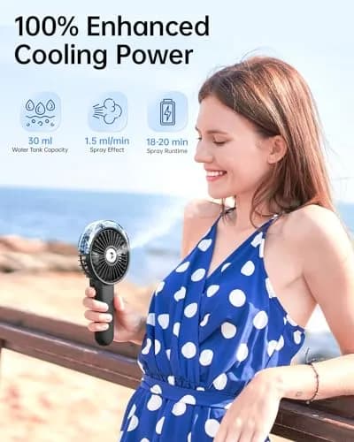 SWEETFULL Portable Misting Fan with Mist Spray, 3 Speeds, 30ml Water Tank, USB Rechargeable | 10.8 cm (4.25 in) Foldable Handheld Fan thumbnail 2