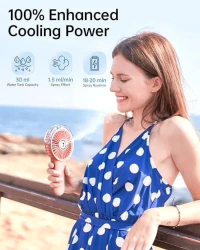SWEETFULL Portable Misting Fan - 180° Foldable Handheld Personal Fan with Mist Spray, 30ml Tank, USB Rechargeable, 3 Speeds, for Travel & Outdoors thumbnail 2