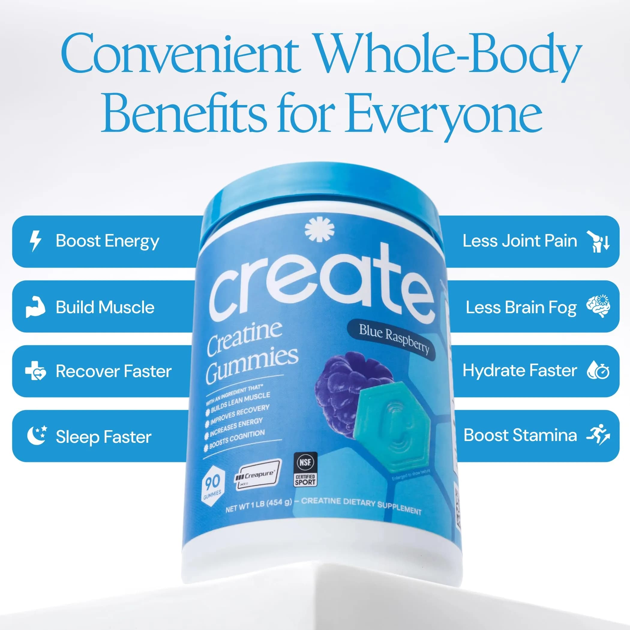 Create Creatine Monohydrate Gummies Blue Raspberry 90 Count | Boost Focus, Strength, and Endurance with Creapure - view 4