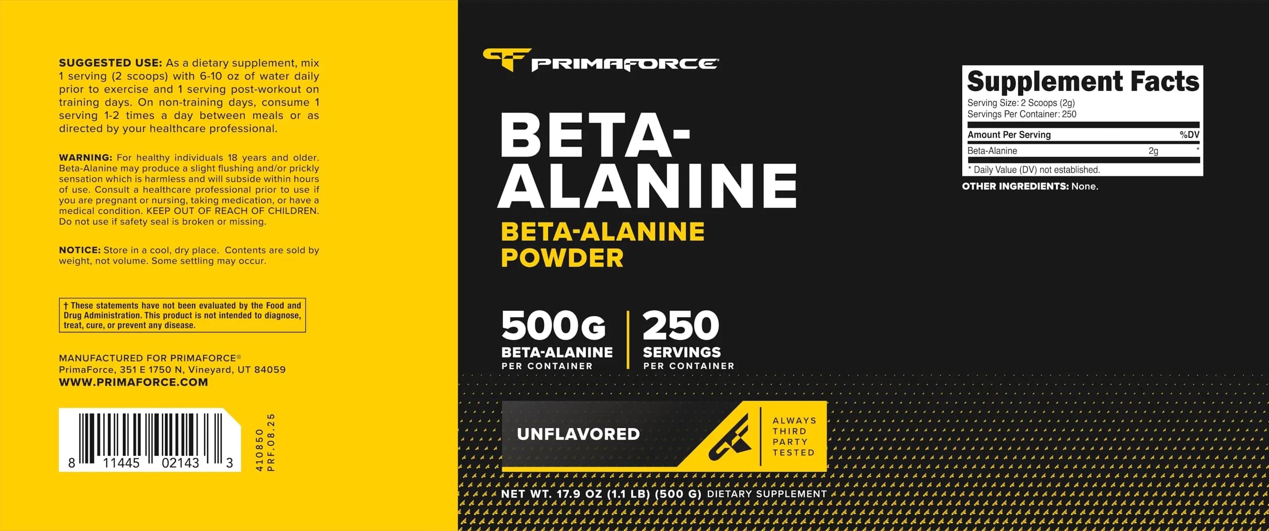 Primaforce Beta Alanine Powder 500 Grams (226.8 g) Unflavored | Workout Endurance & Recovery Support thumbnail 5