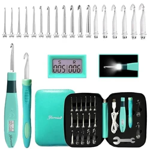 Yarniss 18 Size Lighted Crochet Hooks Set 2.0mm-14.0mm | Interchangeable Hooks with Stitch Counter — Turquoise-18 Size with Light & Counter