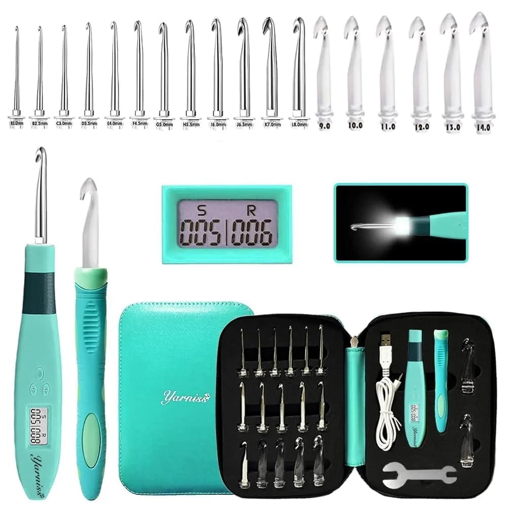 Yarniss 18 Size Lighted Crochet Hooks Set 2.0mm-14.0mm | Interchangeable Hooks with Stitch Counter - main product image