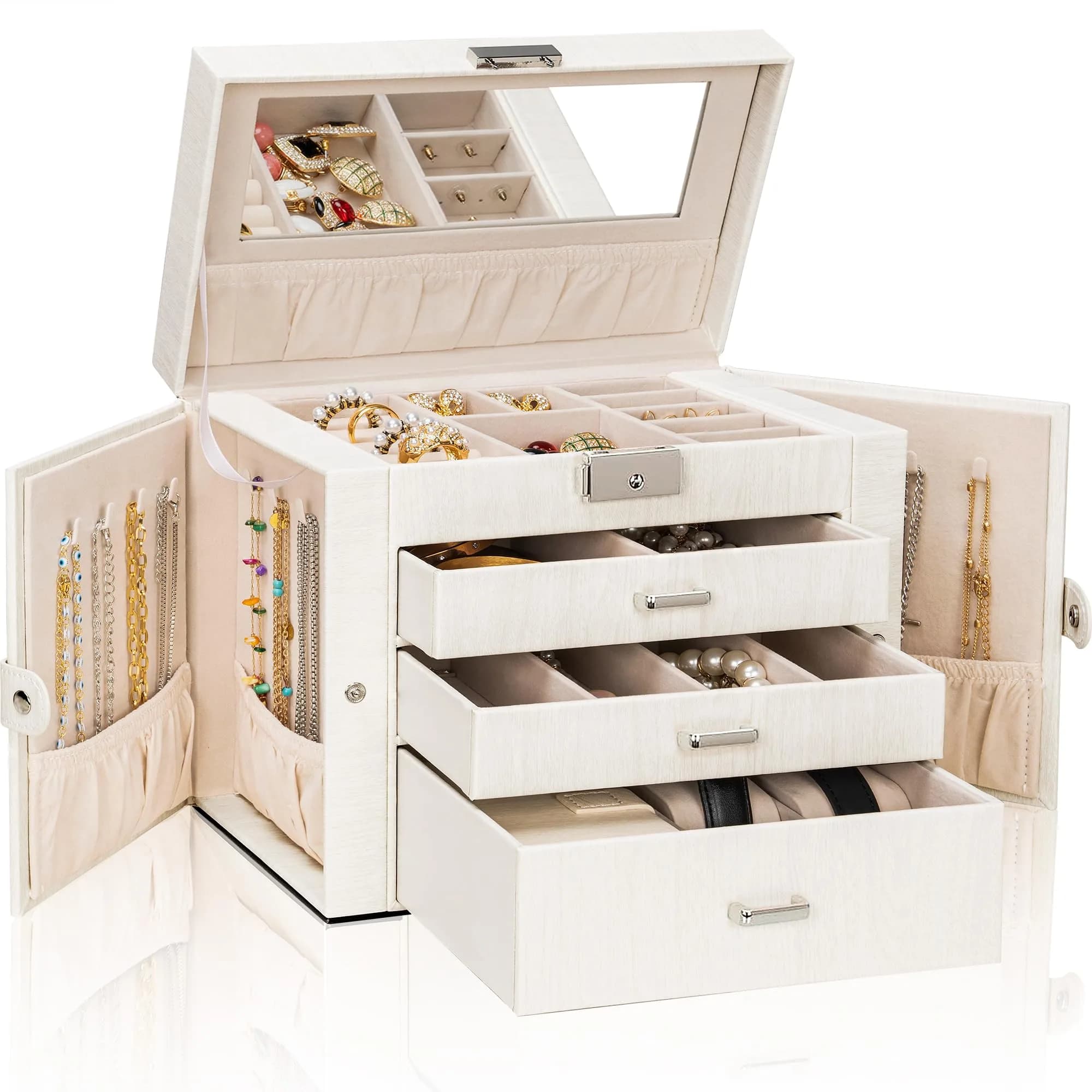AKOZLIN 4-Tier Jewelry Box with 3 Drawers & Mirror | Lockable Organizer for Rings, Necklaces, Bracelets, Watches (Woodgrain White-Silver, 25.4cm W x 15.7cm D x 21.8cm H)
