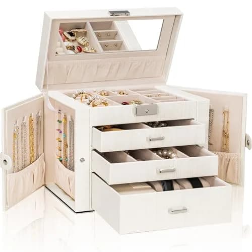 AKOZLIN 4-Tier Jewelry Box with 3 Drawers & Mirror | Lockable Organizer for Rings, Necklaces, Bracelets, Watches (Woodgrain White-Silver, 25.4cm W x 15.7cm D x 21.8cm H) thumbnail 1
