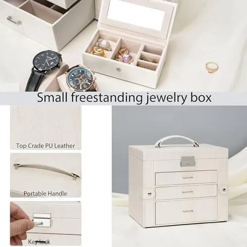 AKOZLIN 4-Tier Jewelry Box with 3 Drawers & Mirror | Lockable Organizer for Rings, Necklaces, Bracelets, Watches (Woodgrain White-Silver, 25.4cm W x 15.7cm D x 21.8cm H) thumbnail 4