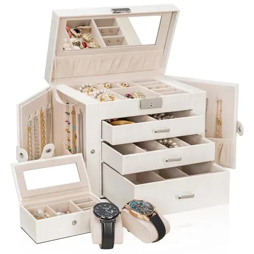 AKOZLIN 4-Tier Jewelry Box with 3 Drawers & Mirror | Lockable Organizer for Rings, Necklaces, Bracelets, Watches (Woodgrain White-Silver, 25.4cm W x 15.7cm D x 21.8cm H) thumbnail 5