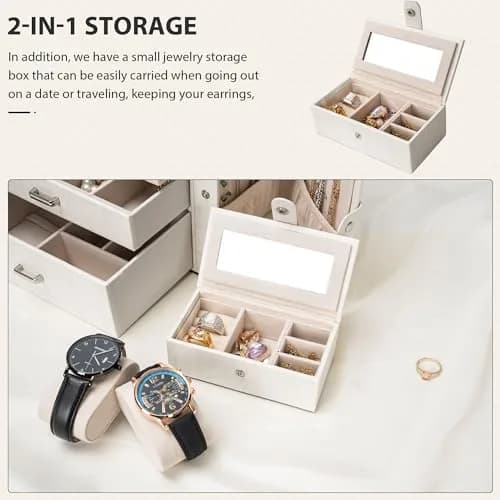 AKOZLIN 4-Tier Jewelry Box with 3 Drawers & Mirror | Lockable Organizer for Rings, Necklaces, Bracelets, Watches (Woodgrain White-Silver, 25.4cm W x 15.7cm D x 21.8cm H) thumbnail 6