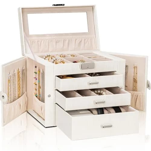 AKOZLIN 4-Tier Jewelry Box with 3 Drawers & Mirror | Lockable Organizer for Rings, Necklaces, Bracelets, Watches (Woodgrain White-Silver, 25.4cm W x 15.7cm D x 21.8cm H) thumbnail 7