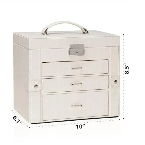 AKOZLIN 4-Tier Jewelry Box with 3 Drawers & Mirror | Lockable Organizer for Rings, Necklaces, Bracelets, Watches (Woodgrain White-Silver, 25.4cm W x 15.7cm D x 21.8cm H) thumbnail 2