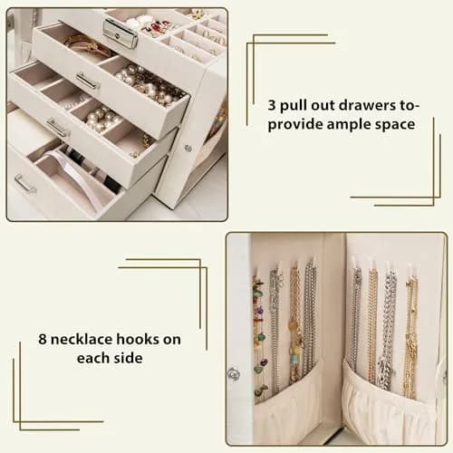 AKOZLIN 4-Tier Jewelry Box with 3 Drawers & Mirror | Lockable Organizer for Rings, Necklaces, Bracelets, Watches (Woodgrain White-Silver, 25.4cm W x 15.7cm D x 21.8cm H) thumbnail 3