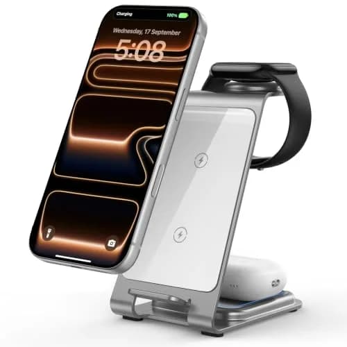 Intoval Aluminum 3 in 1 Wireless Charging Station for iPhone 17 16 15 14 13 12 11 Pro Max XR, Wireless Charger for Apple Watch 11 10 9 8 7 Ultra SE 3 2, Phone Charger for AirPods 4 Pro 2 3 (Silver) thumbnail 1