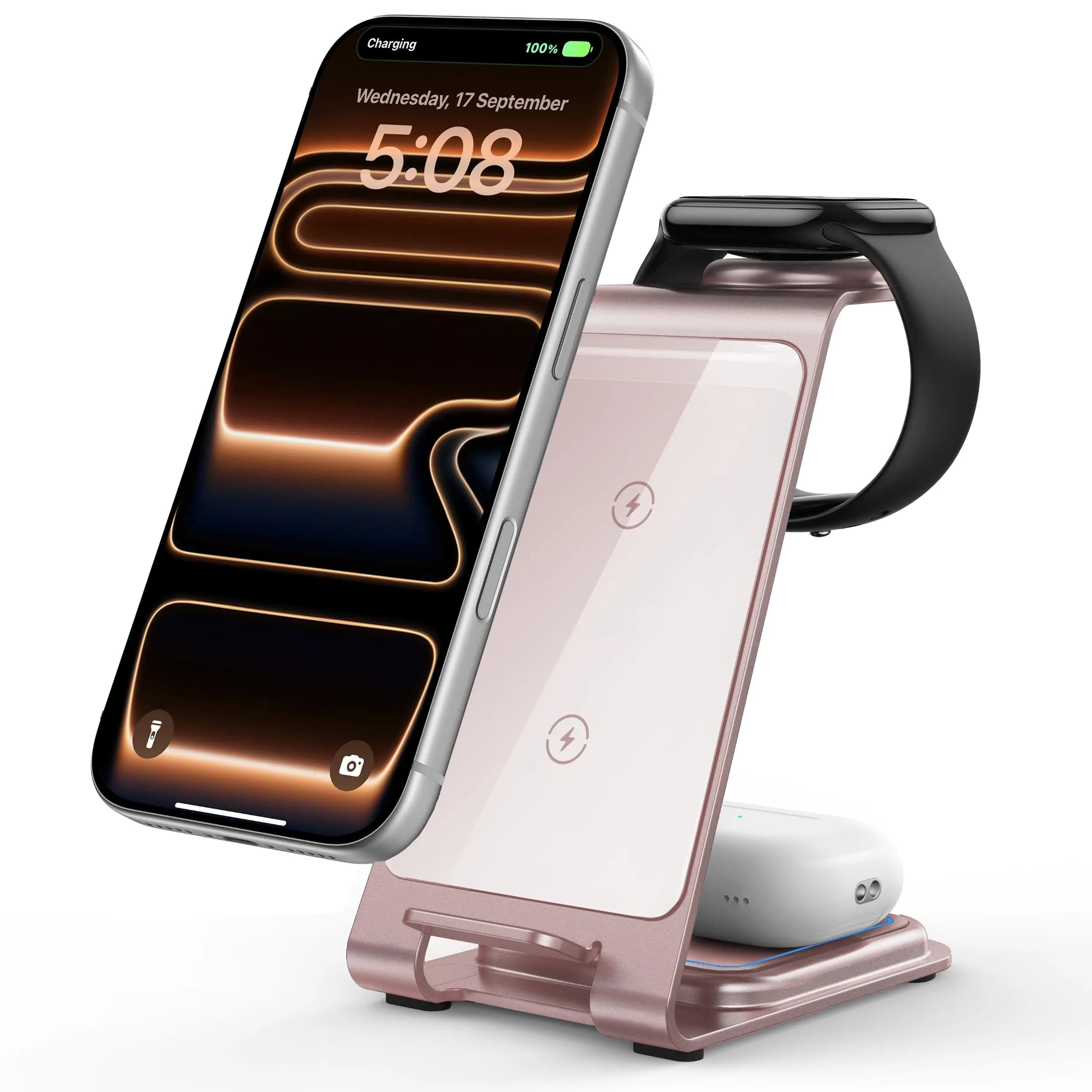 Intoval Aluminum 3 in 1 Wireless Charging Station for iPhone 17 16 15 14 13 12 11 Pro Max XR, Wireless Charger for Apple Watch 11 10 9 8 7 Ultra SE 3 2, Phone Charger for AirPods 4 Pro 2 3 (Pink) | Fast 18W Power - main product image
