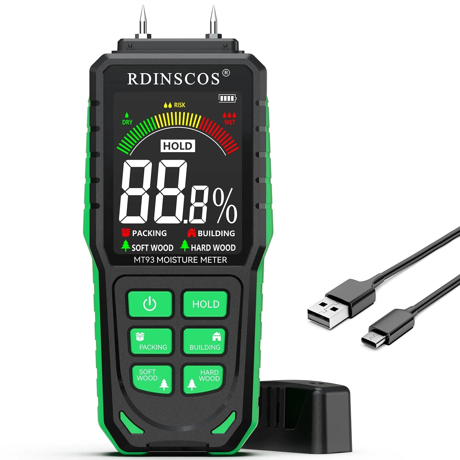 RDINSCOS MT93 Wood Moisture Meter Rechargeable Detector | Pin Type for Wood, Drywall, Firewood — MT93