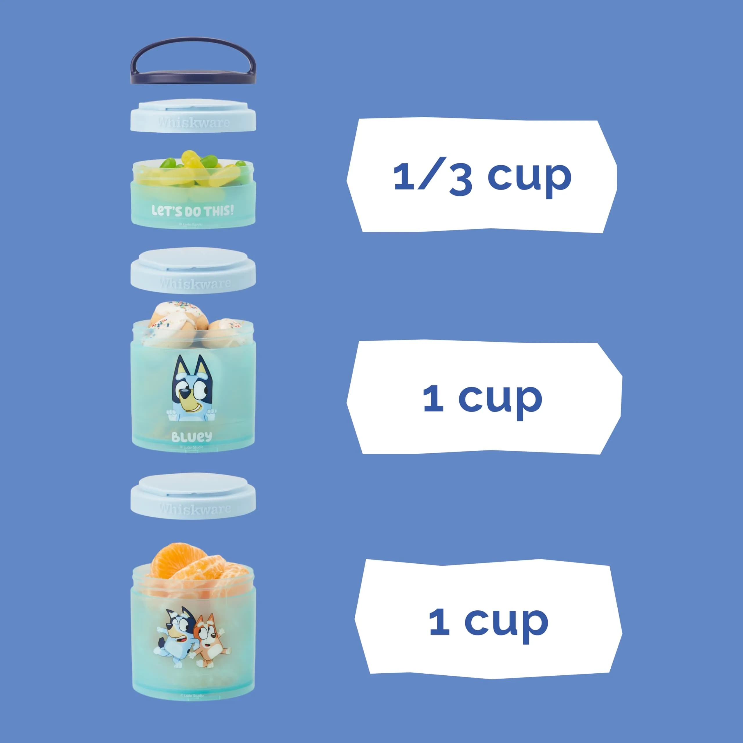 Whiskware Bluey Snack Containers, 3 Stackable Snack Cups (1/3 Cup, 1 Cup, 1 Cup) | Durable & Mess-Free for Kids - view 4