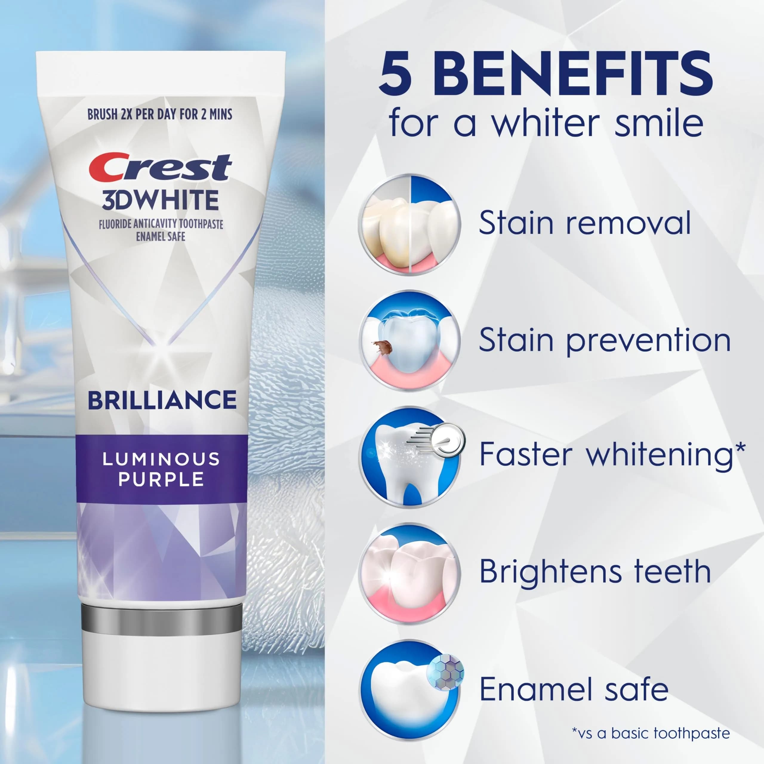 Crest 3D White Brilliance Luminous Purple Teeth Whitening Toothpaste 4.6 oz (130g) Pack of 3 | Fights 100% More Surface Stains - view 2