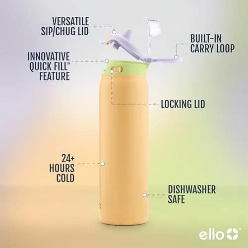 Ello Pop & Fill Stainless Steel Water Bottle 590ml (20oz) | Sip or Chug, Leak-Proof Lock, Sunset Meadow thumbnail 2