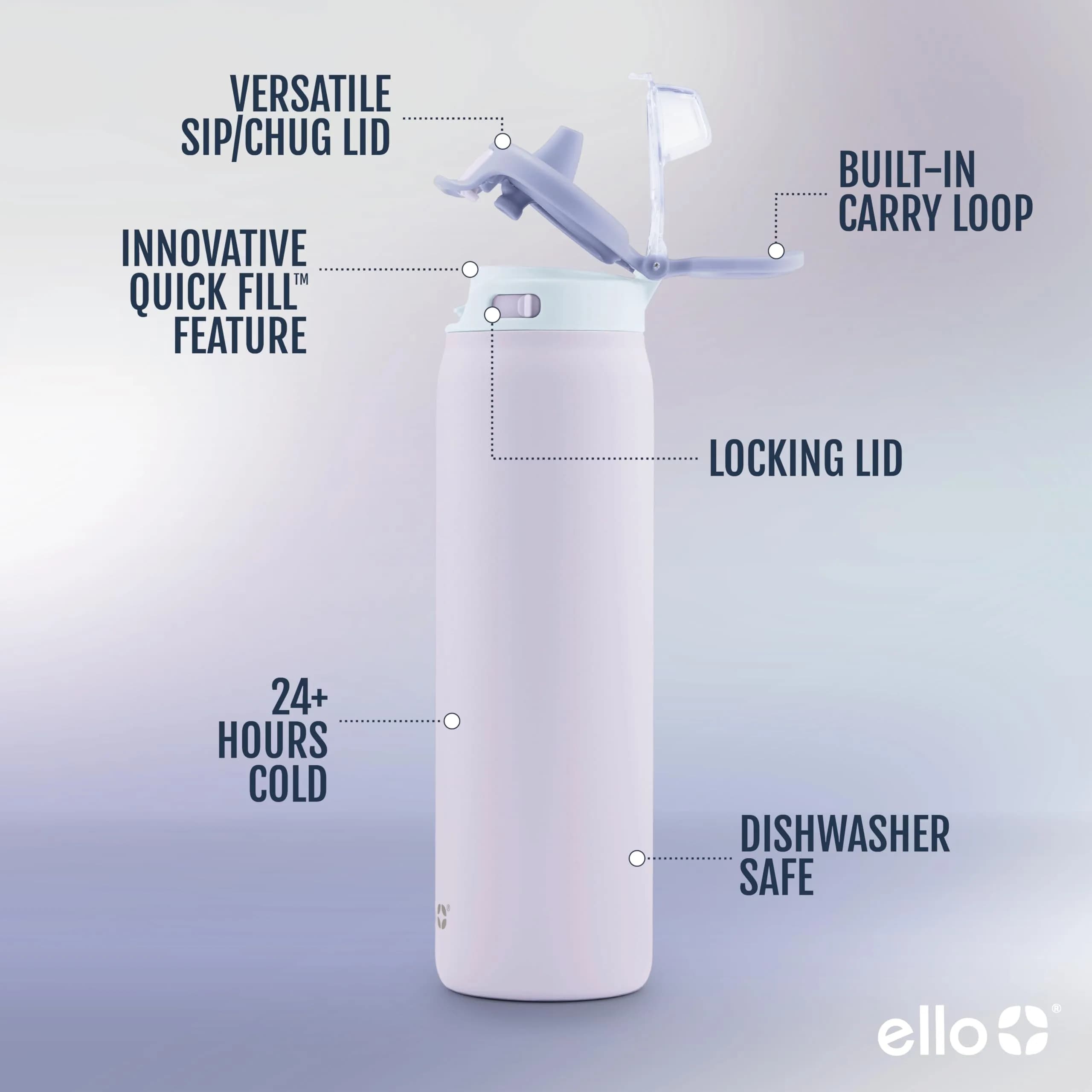 Ello Pop & Fill 650ml (22oz) Stainless Steel Water Bottle with Straw Lid | Aurora - view 2