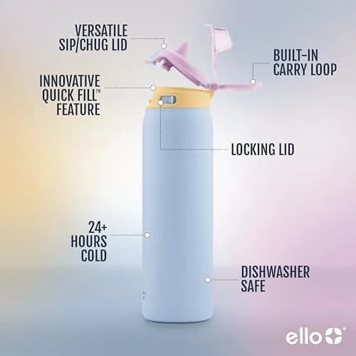 Ello Pop & Fill 22oz Stainless Water Bottle, Sip or Chug, Coastal Sunrise | 624ml Insulated Tumbler thumbnail 2