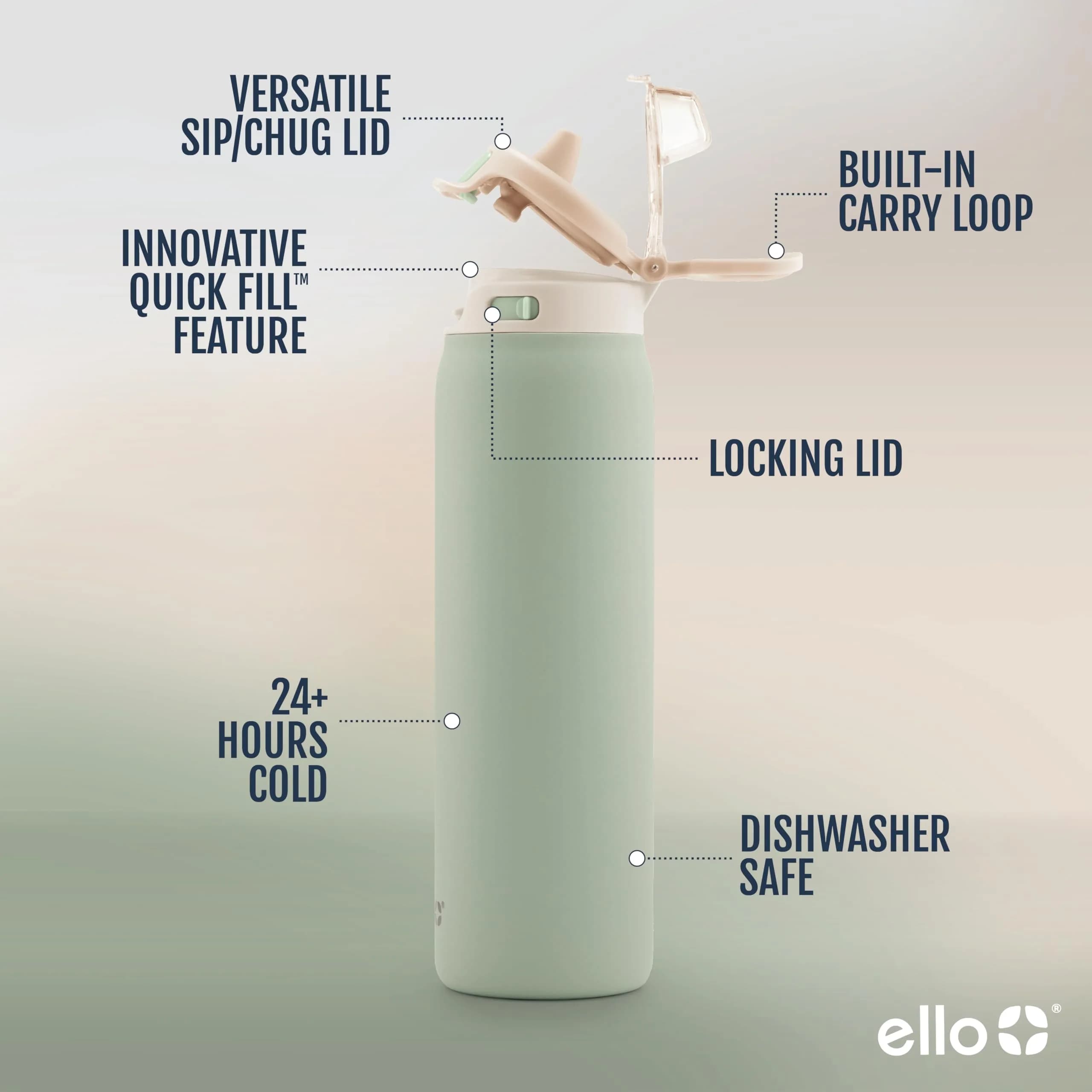 Ello Pop & Fill Insulated Stainless Steel Water Bottle 650ml (22oz) | Sip or Chug, Pistachio - view 2