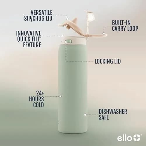 Ello Pop & Fill Insulated Stainless Steel Water Bottle 650ml (22oz) | Sip or Chug, Pistachio thumbnail 2