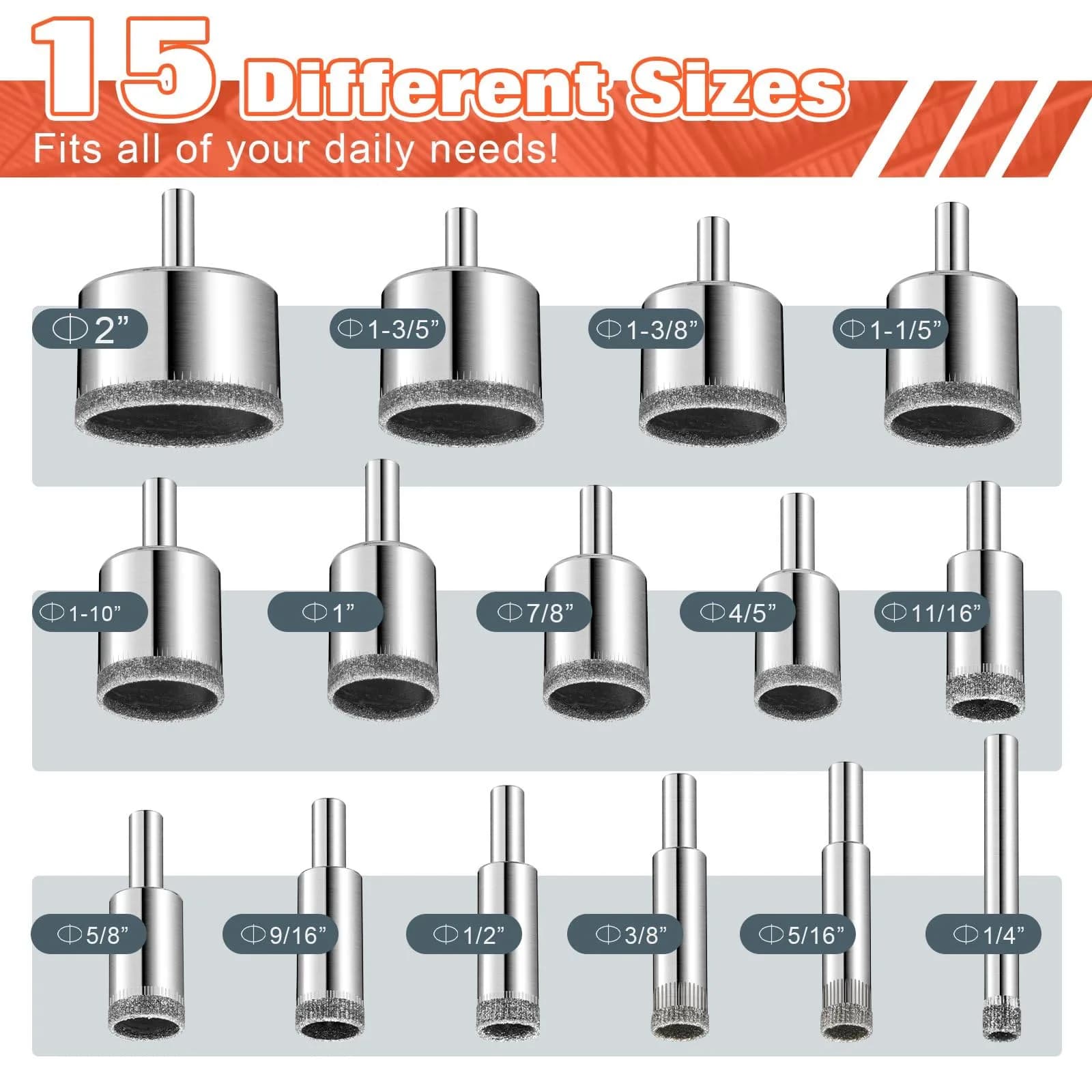 S<bos>derm Orange Diamond Hole Saw Kit for Glass, Tile, Stone & Granite (10 Pcs, 3mm-30mm) - view 2