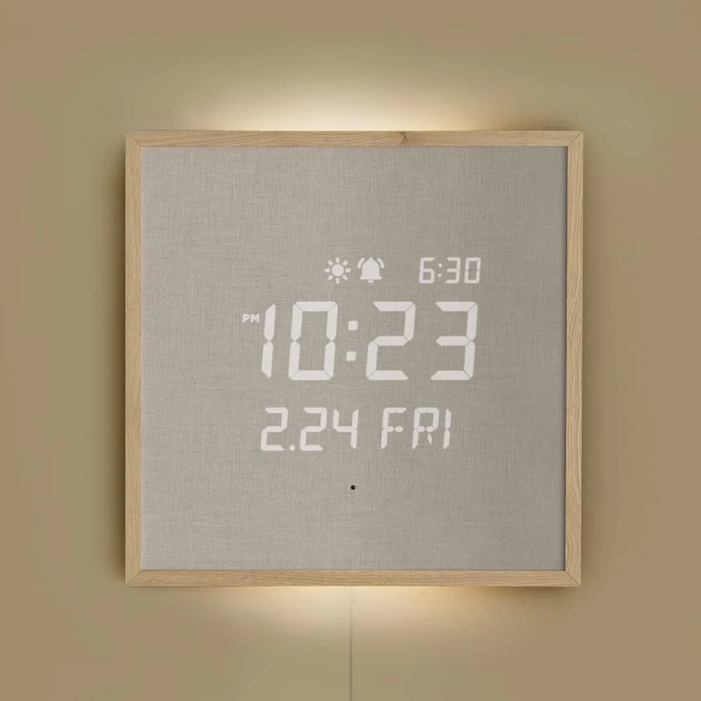 mooas Wooden Frame LED Silent Wall Clock 11.4 inches | Modern Digital with Nightlight & Alarm