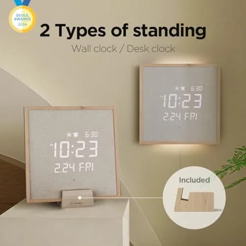 mooas Wooden Frame LED Silent Wall Clock 11.4 inches | Modern Digital with Nightlight & Alarm thumbnail 2