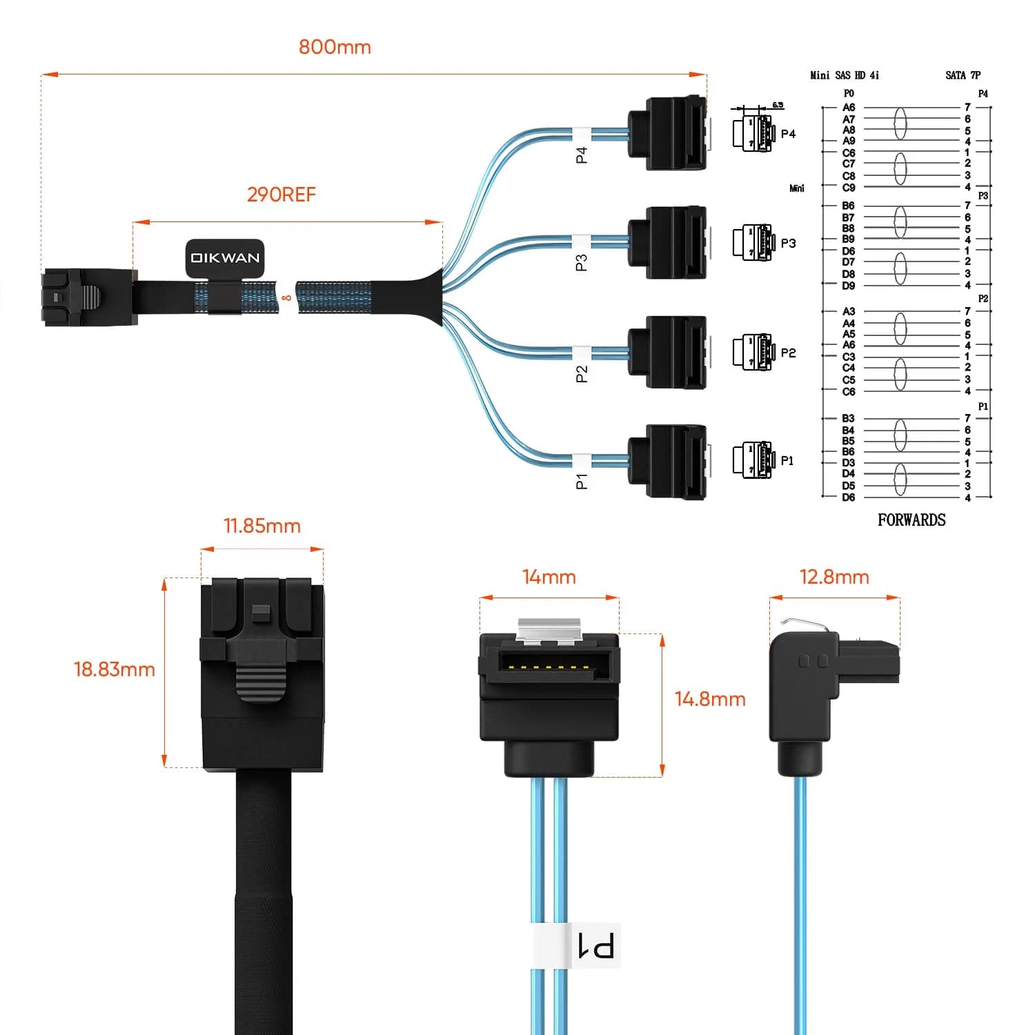 OIKWAN Internal Mini SAS HD to SATA Right Angle Cable 1m (3.3 Feet) | 12 Gbps Data Transfer - view 4