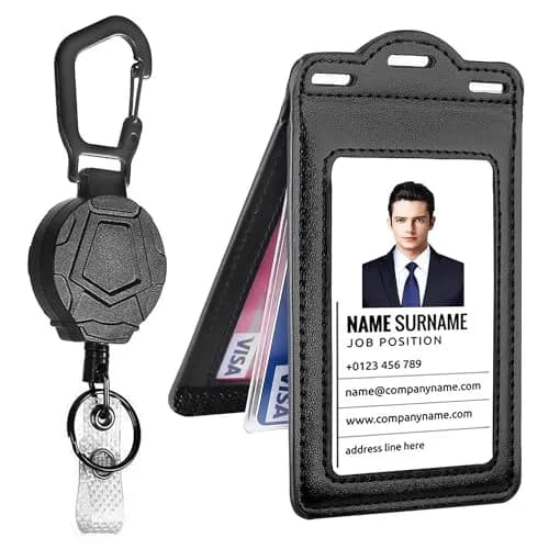 Ouessila Leather Badge Holder with Retractable Reel & 6 Card Slots | Double-Sided Clear ID Protector thumbnail 1