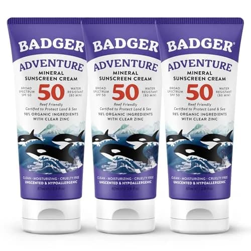 Badger Reef Safe Mineral Sunscreen SPF 50 - 98% Organic, Zinc Oxide, Water Resistant, Unscented, 82g 85ml (2.9 fl oz) | For Sports & Adventures - main product image