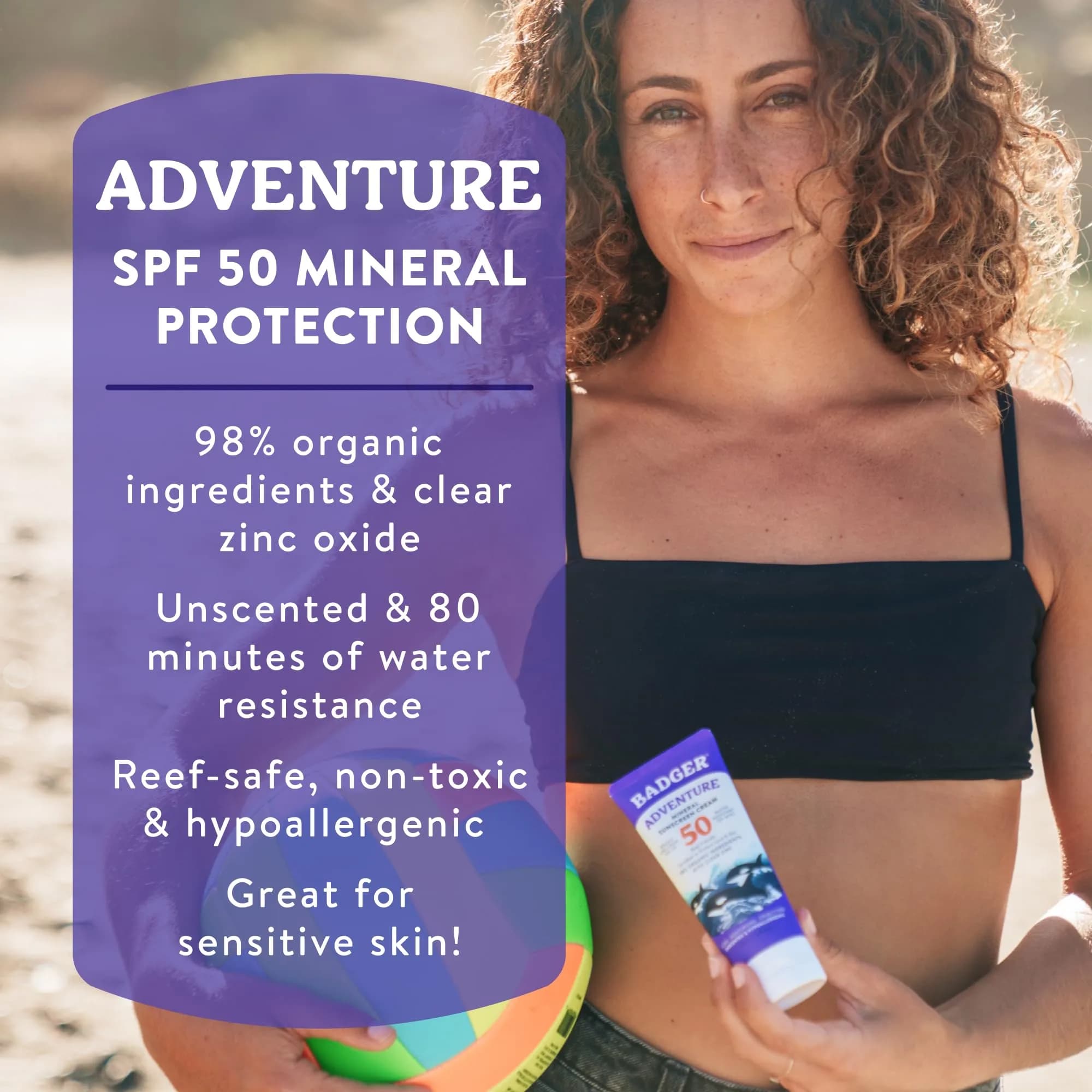 Badger Reef Safe Mineral Sunscreen SPF 50 - 98% Organic, Zinc Oxide, Water Resistant, Unscented, 82g 85ml (2.9 fl oz) | For Sports & Adventures - view 2