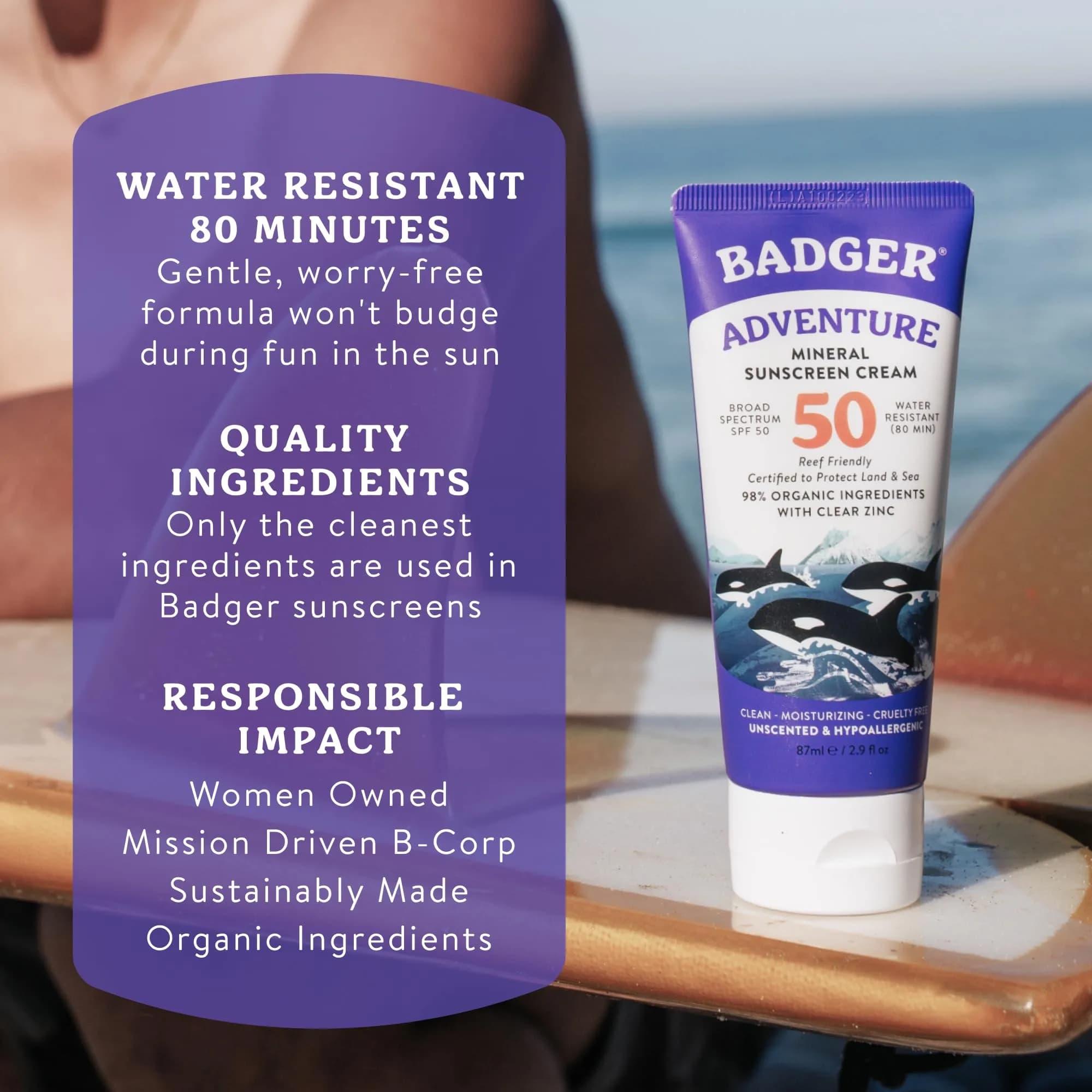 Badger Reef Safe Mineral Sunscreen SPF 50 - 98% Organic, Zinc Oxide, Water Resistant, Unscented, 82g 85ml (2.9 fl oz) | For Sports & Adventures - view 7