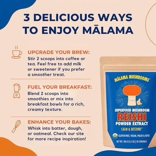 Malama Organic Reishi Mushroom Extract Powder, Natural Superfood 3.5 oz | Supports Immune & Stress thumbnail 5