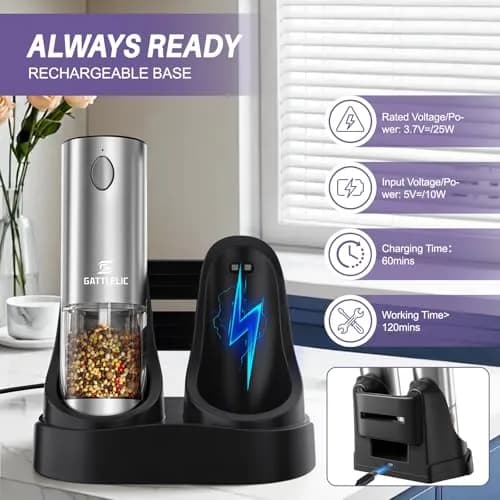 GATTLELIC Electric Salt and Pepper Grinder Set, 95ml Capacity | Rechargeable, Adjustable Coarseness, LED Light (en_US) thumbnail 3