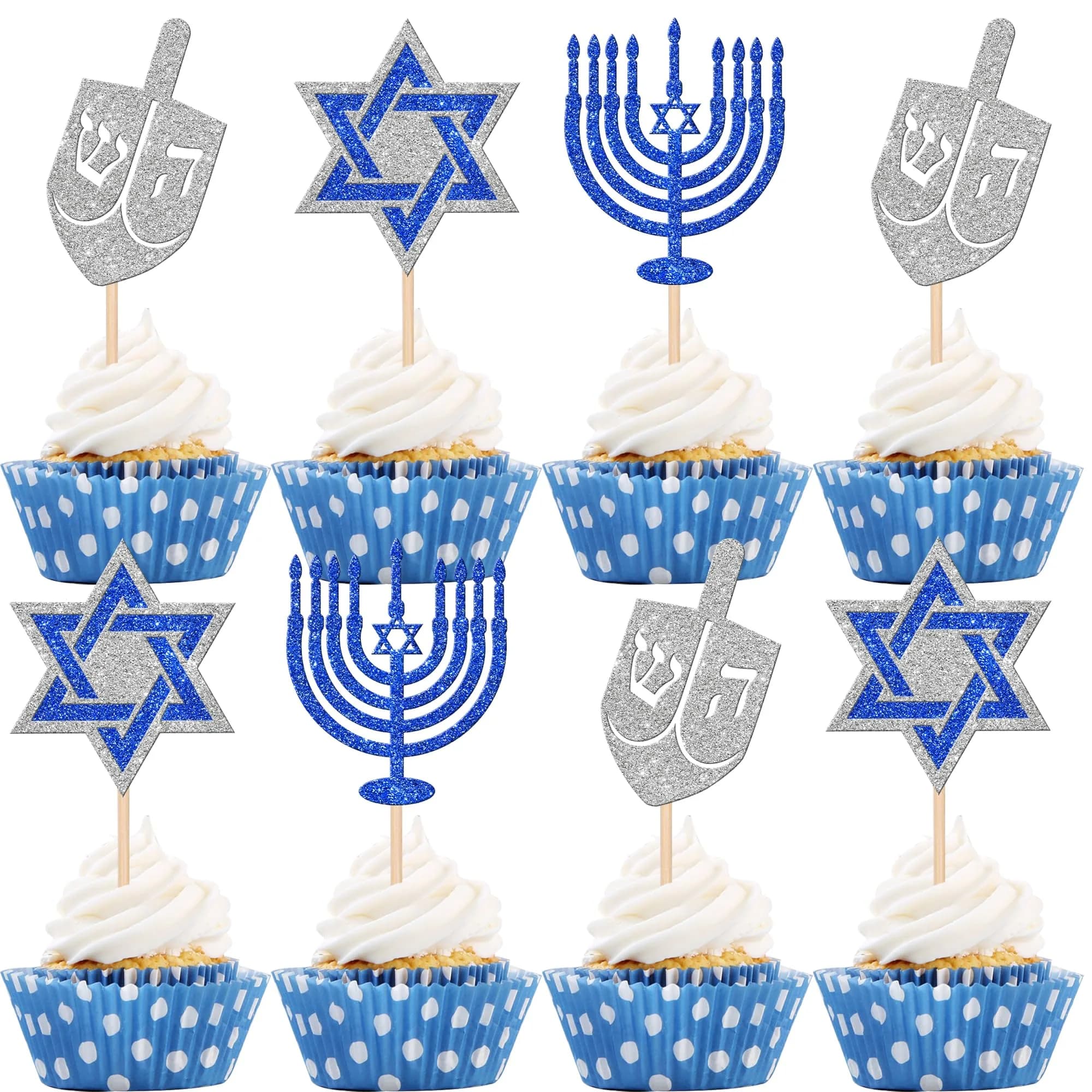 ZHUOWEISM Hanukkah Cupcake Toppers 24 pcs | Glitter Star of David & Candlestick Designs for Hanukkah Party