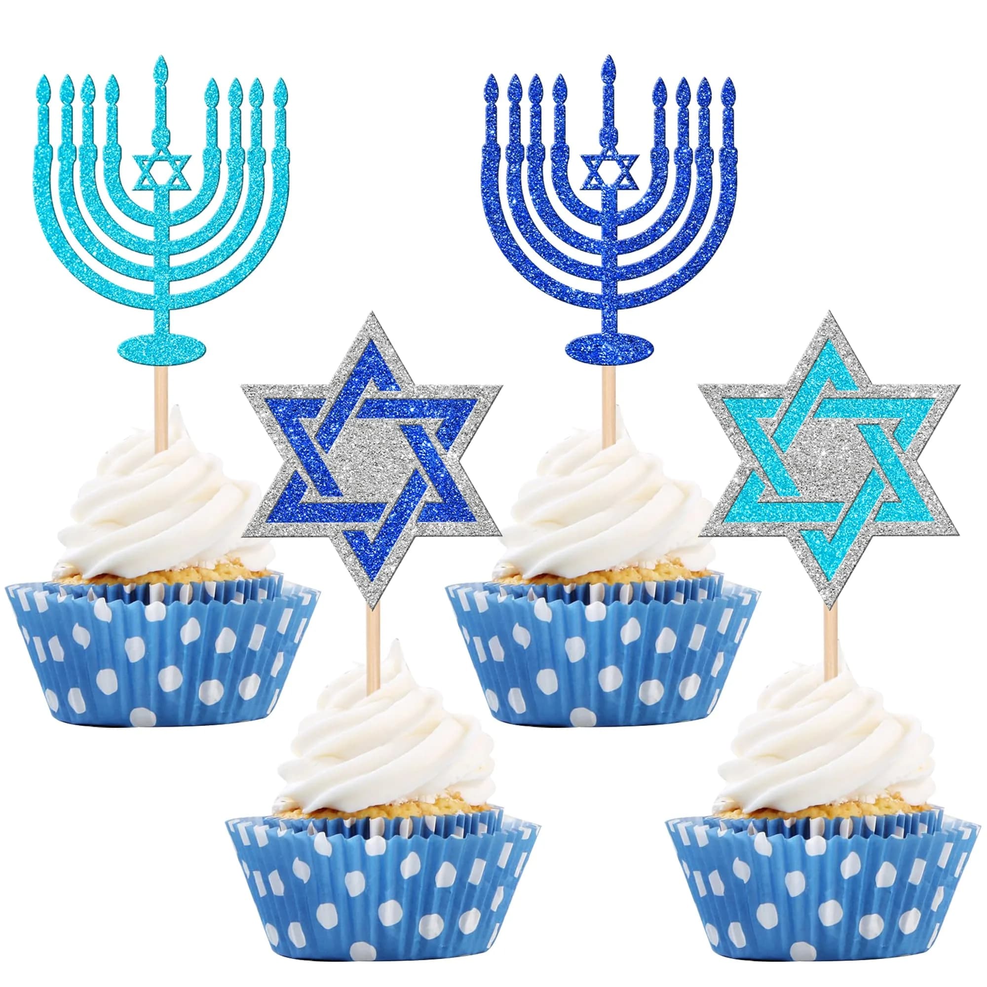 ZHUOWEISM Hanukkah Cupcake Toppers Glitter Star of David 24 pcs | Festive Cake Decorations